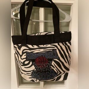 Zebra Print 'Basketball Mom' Tote Bag in Black and White